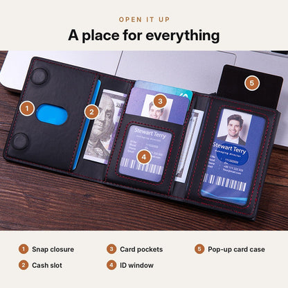 Inside the wallet: snap closure, cash slot, card pockets, ID window and pop-up card case