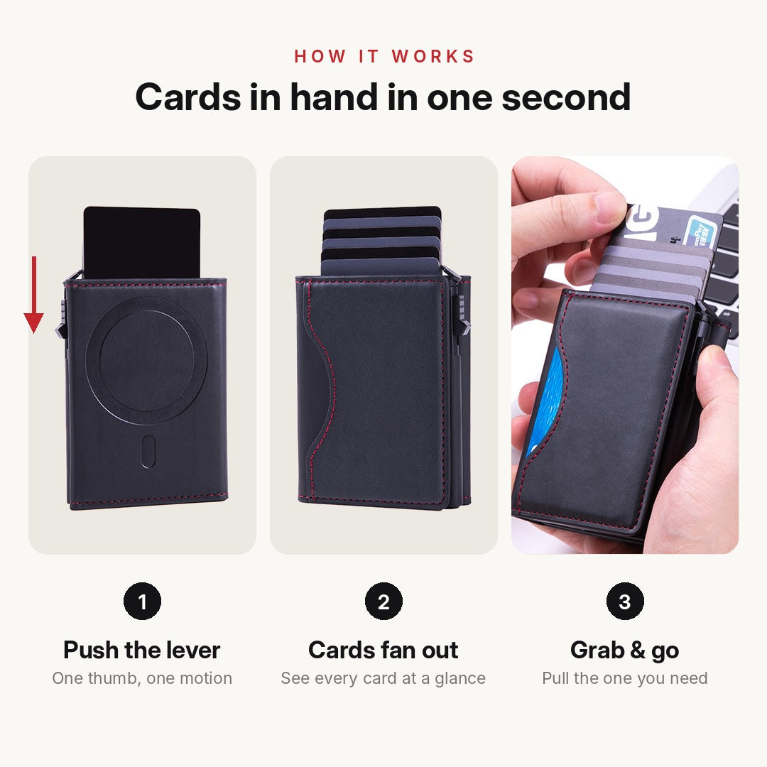 How it works: push the lever, cards fan out, grab and go