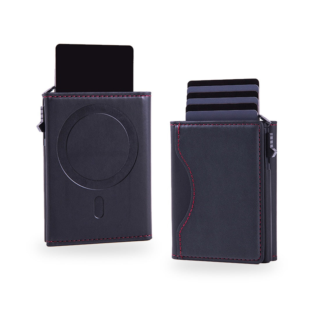 Black wallet, back with magnetic ring and front with cards