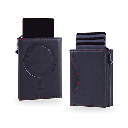 Black wallet, back with magnetic ring and front with cards
