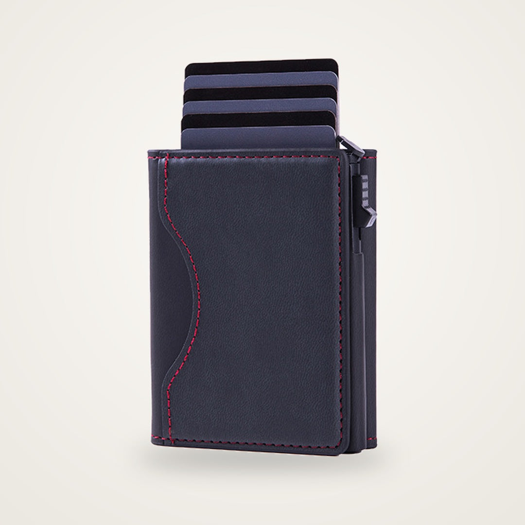 Flikk magnetic pop-up wallet in black with cards fanned out